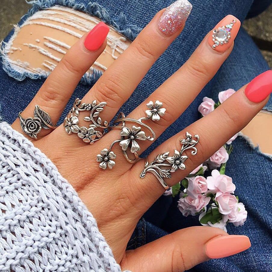 Conjunto de Anéis Femininos em Prata Antiga, Design Floral Oco I9DX