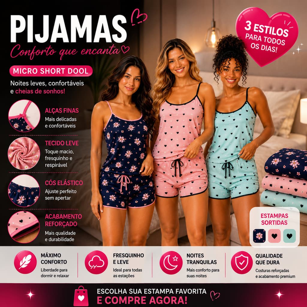KIT 9 Baby Doll Conjunto Short Doll Roupa de Dormir Pijama Estampadas Sortidas