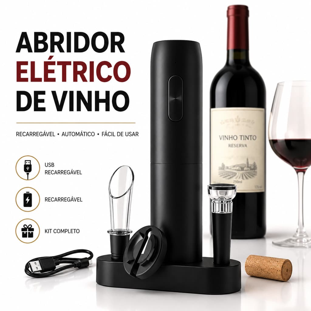 Kit Abridor de Vinho Elétrico USB Recarregável 4 Peças Saca-Rolhas Automático com Corta Cápsula e Tampa a Vácuo