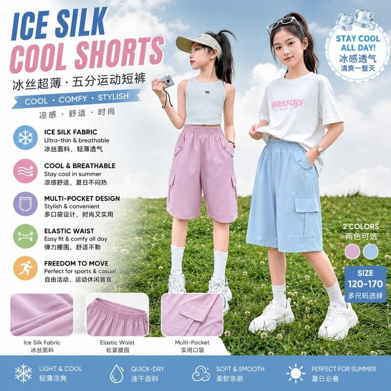 Shorts para meninas, roupas externas de seda gelada, calças esportivas de cinco pontos, calças cargo infantis, calças de