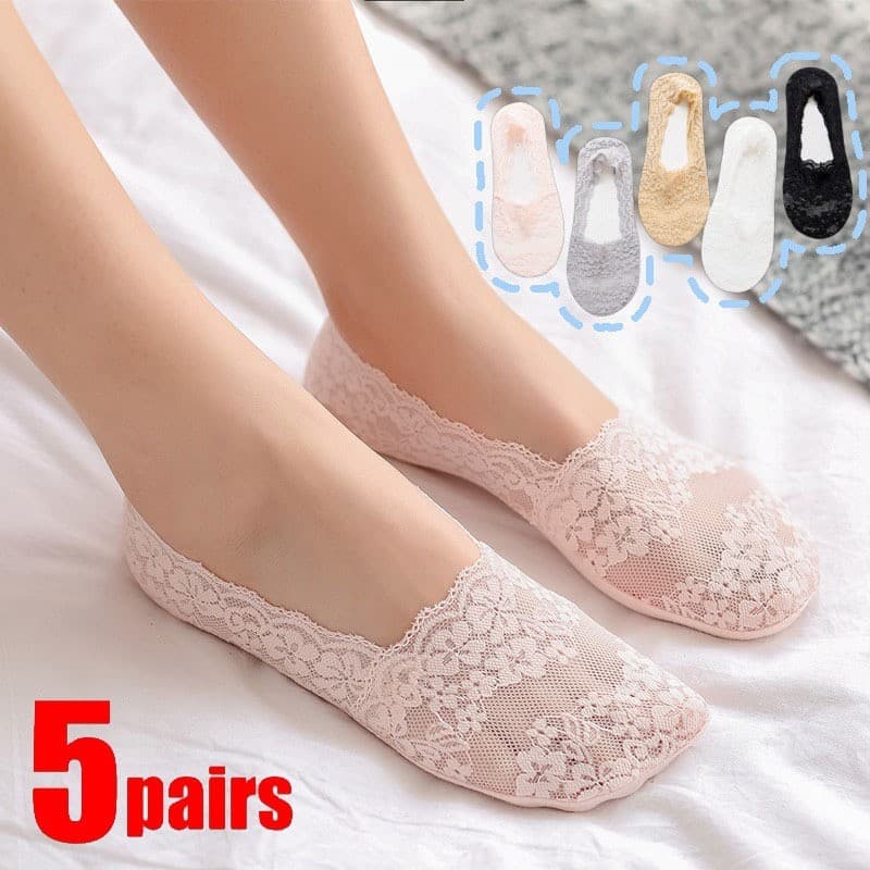 5 Pares Meias Femininas Verão Fino Respirável Silicone Antiderrapante Renda Invisível Não-show Barco Transparente Casual