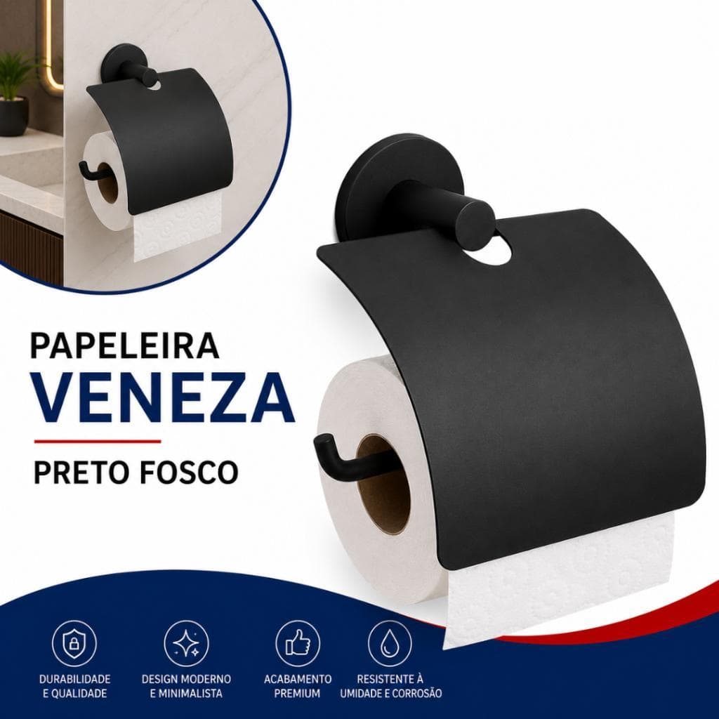 Papeleira Banheiro Preta Com Tampa Fixação Dupla E Acabamento Alto Padrão