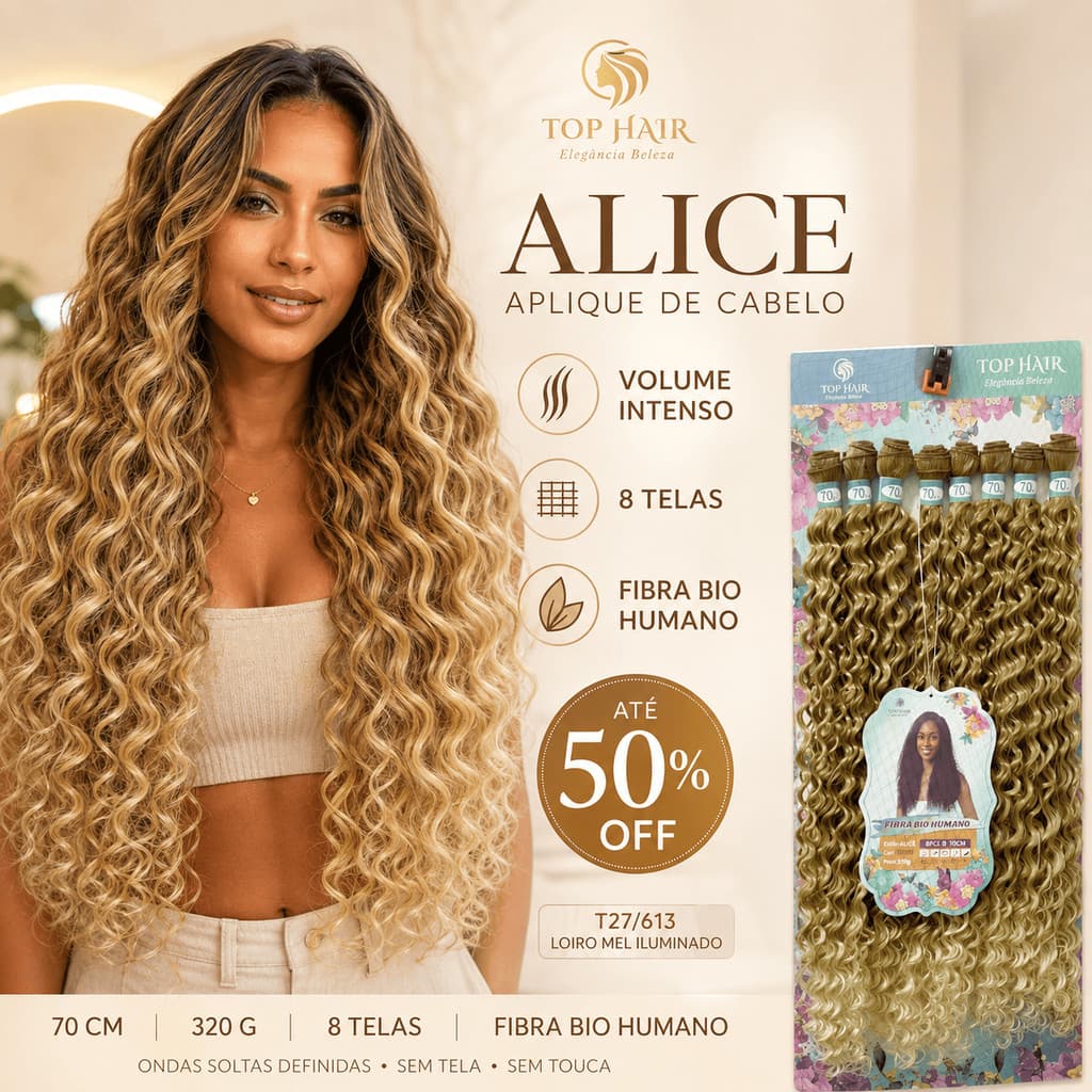 Cabelo Cacheado Alice Fibra Bio Humano Macia com Colágeno 70cm 8Telas 320g Top Hair ALICE