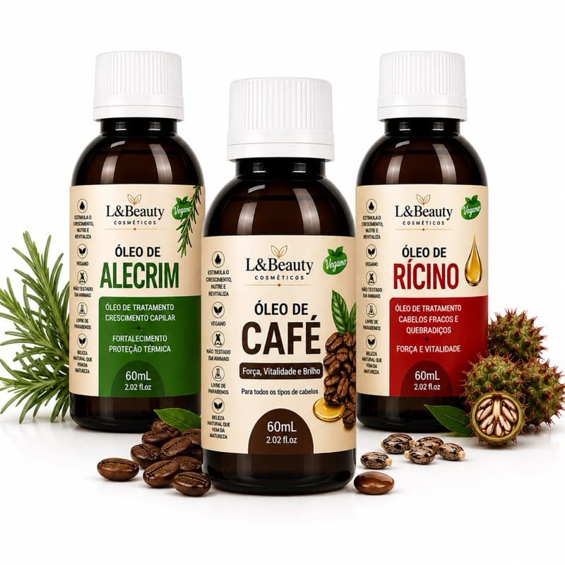 Kit Capilar Com Óleo Alecrim 60ml  + Óleo Café 60ml + Óleo Rícino 60ml - L&BEAUTY