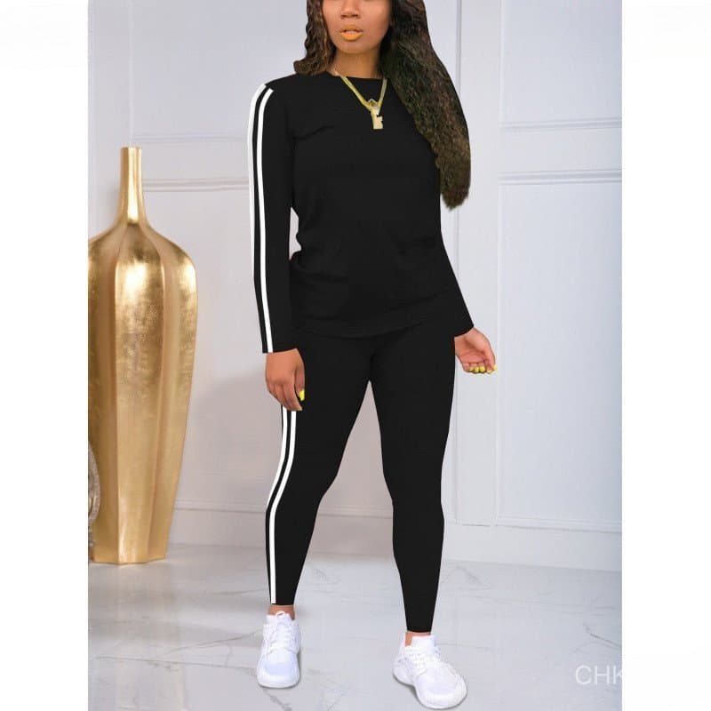 Conjunto Esportivo Feminino de Duas Peças com Blusa de Manga Longa e Calças Compridas em Cor Sólida