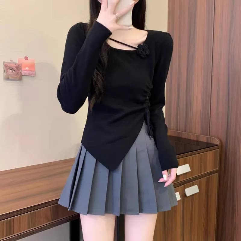 [WDF] 5 cores, versão coreana novo estilo bainha Irregular feminina dança clássica camiseta de manga comprida
