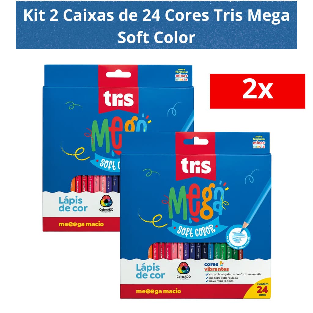 Kit 2 Caixas de Lápis de Cor 24 Cores Tris Super Soft Macio Alta Qualidade Fácil de Apontar  Cores Vibrantes