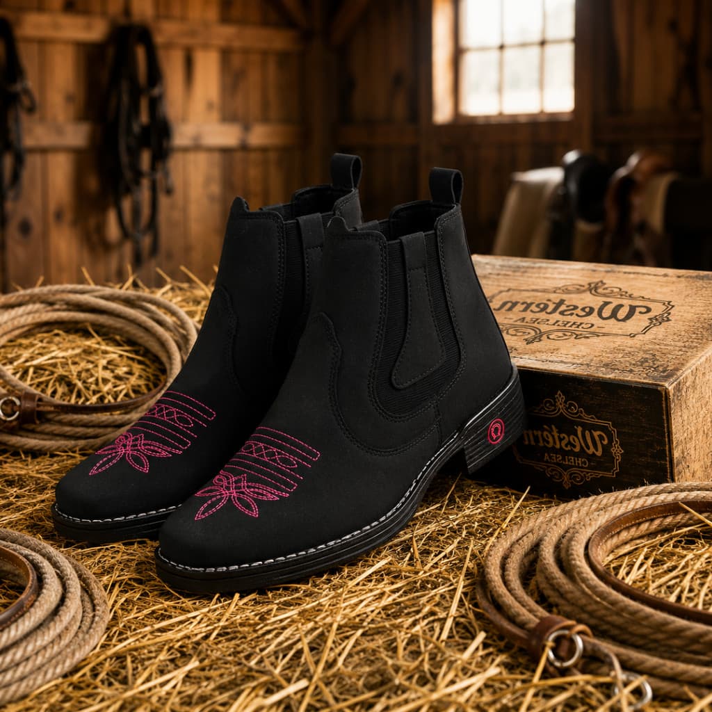 Bota Botina Feminina Country Western Cano Curto Bico Quadrado Bordada Salto Baixo Calce Fácil