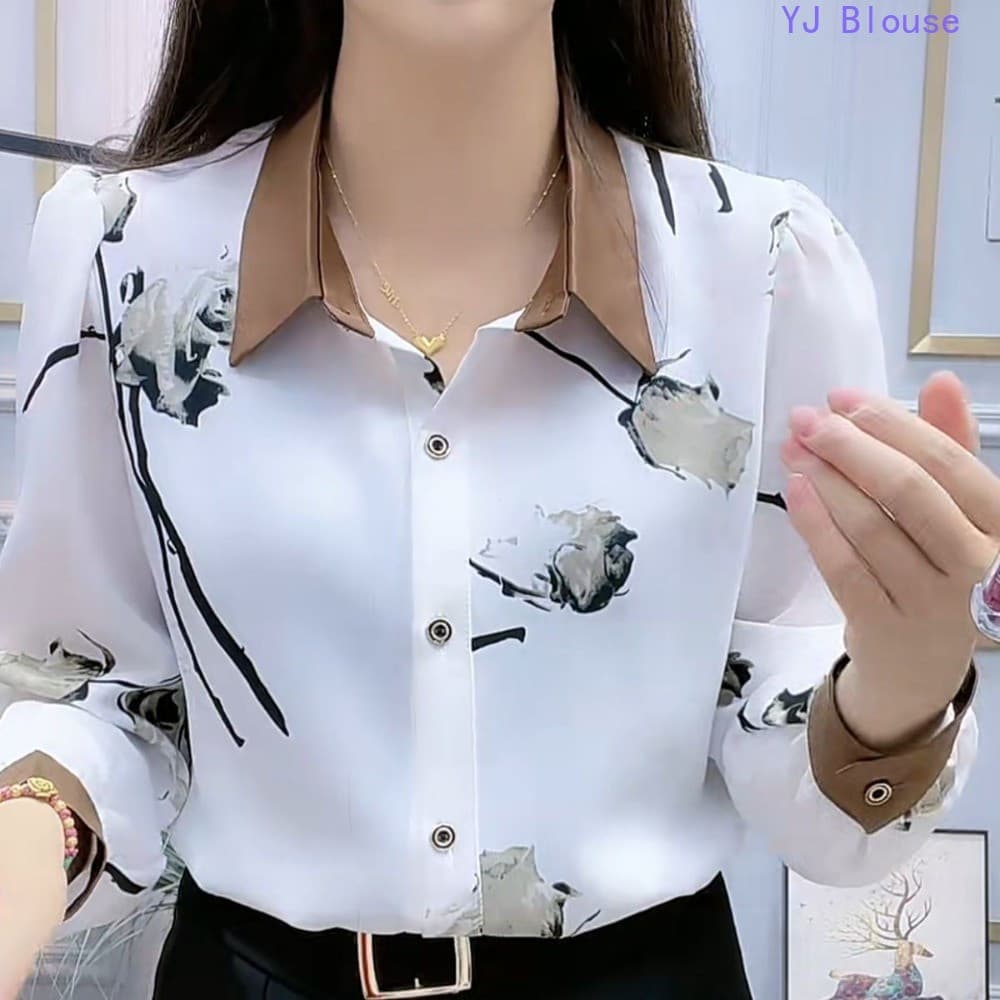 Blusa Feminina Plus Size de Chiffon com Estampa Floral Estilo Coreano Moda Casual Camisa Polo CZ8N