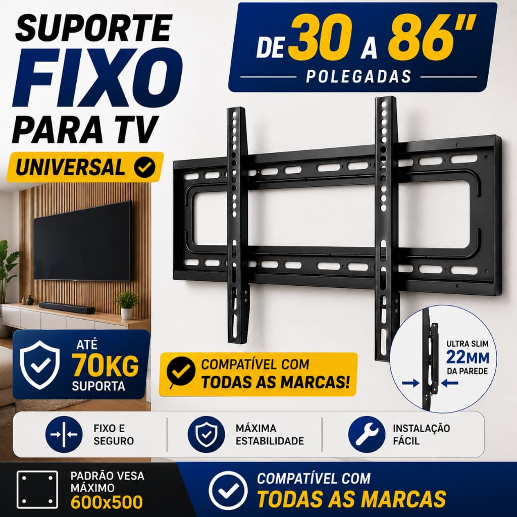 Suporte Para TV Fixo Universal 30 a 86 Smart TV LED LCD Parede Slim Reforçado