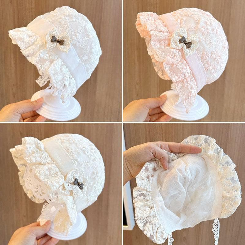 Malha Laço Arco Bebê Gorro Respirável Primavera Verão Recém-Nascidos Meninas Fetal Boné Infantil Cor Sólida Plissado Fin