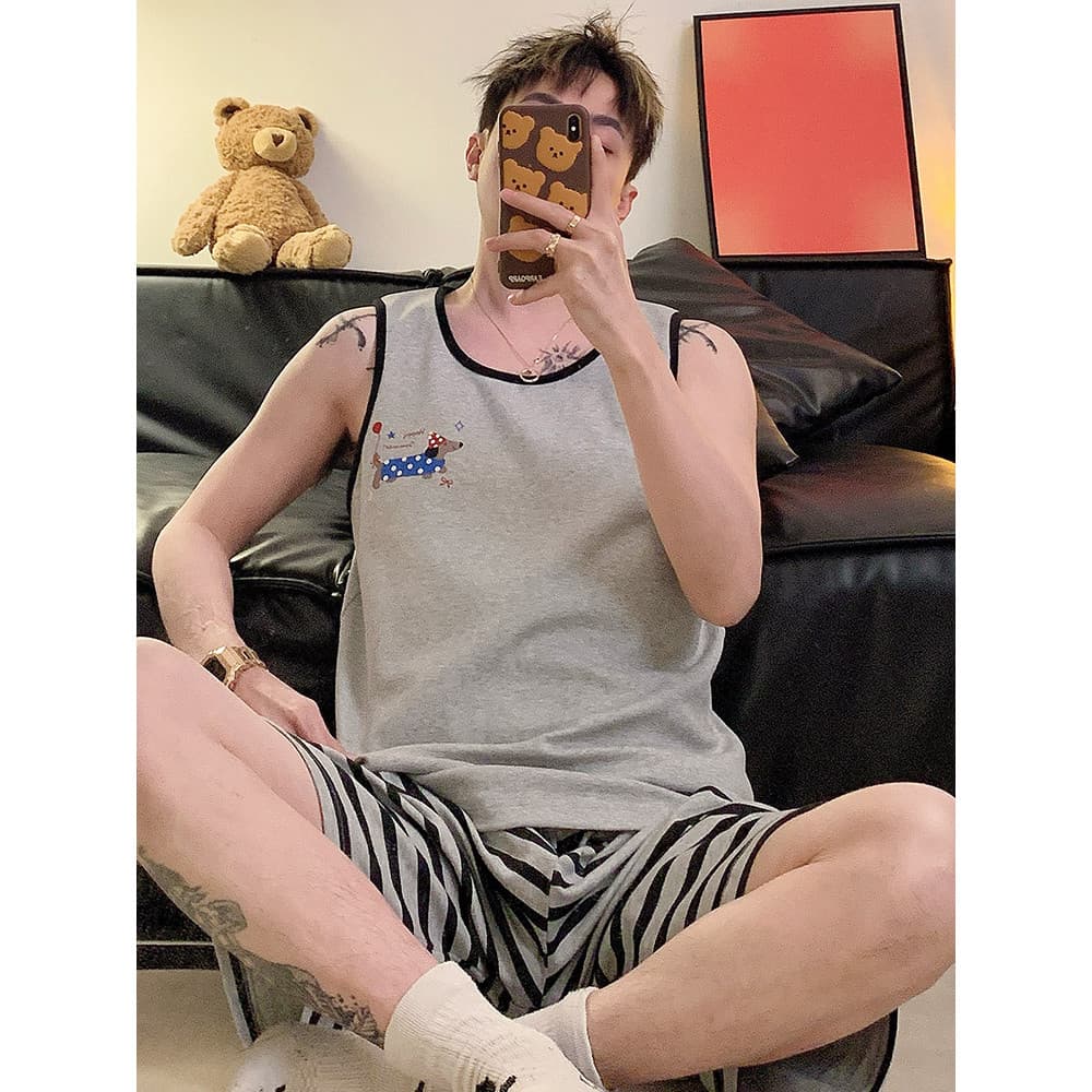 2026 novo estilo de verão masculino listrado colete Dachshund pijamas conjunto tamanho grande estilo fino Loungewear pod