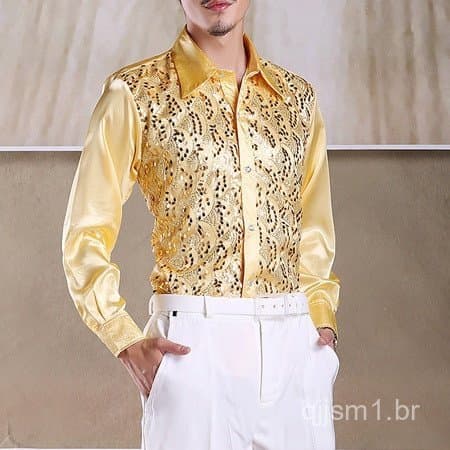 Camisa de Manga Longa com Lantejoulas Douradas Brilhantes para Festa, Disco e Coro para Homens