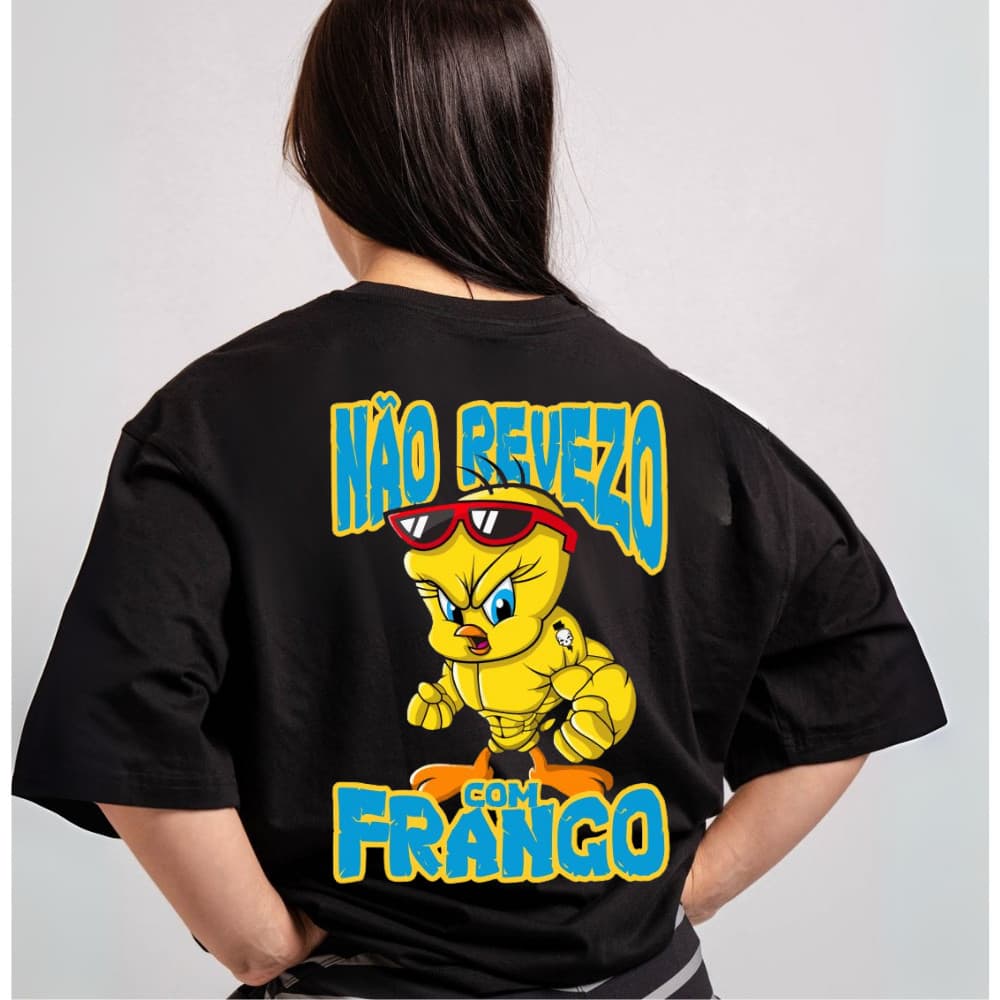 Camiseta Oversized Larga Feminina Estampada Não Revezo Com Frango Camisa Para Treino Musculação 100% Algodão Confortavel