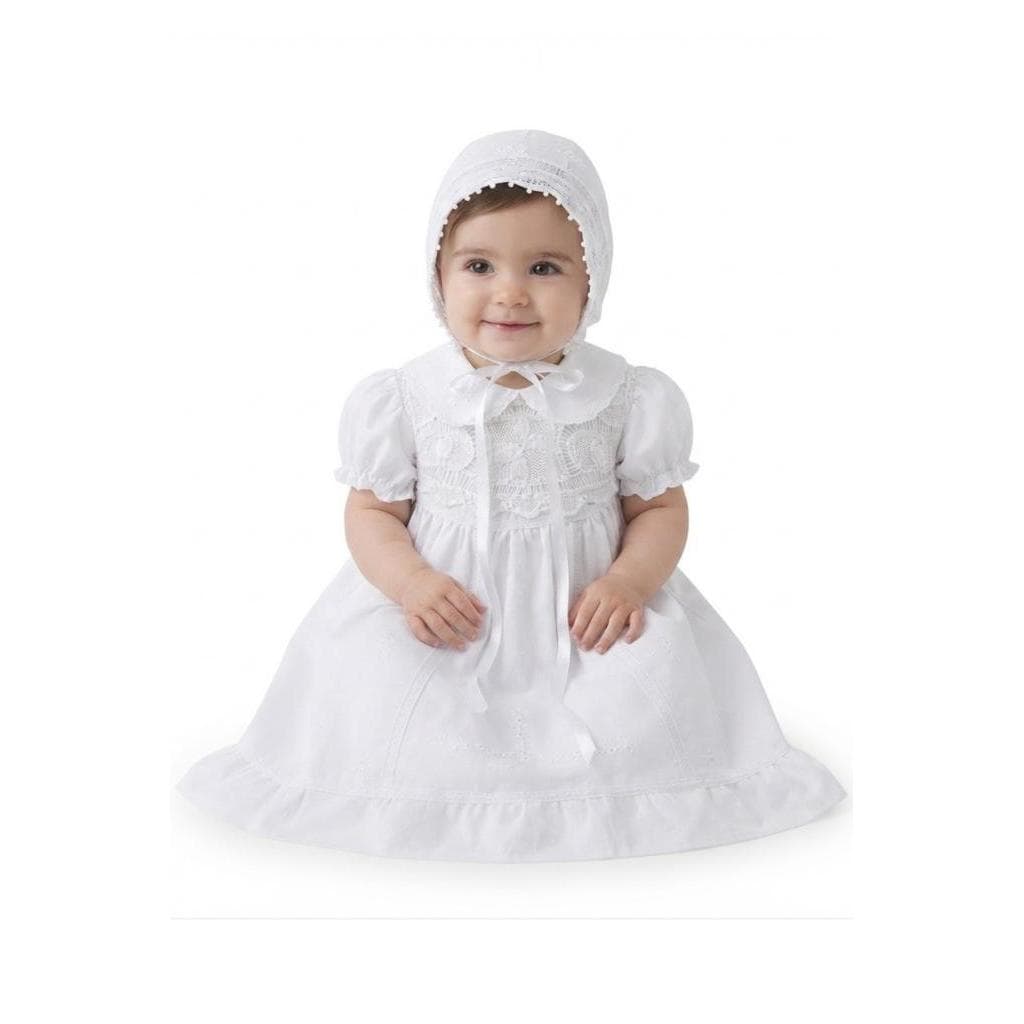 Kit Batizado Bebê Vestido,Touca e Calcinha Bordado à Mão Renda Renascença Algodão 1 ano
