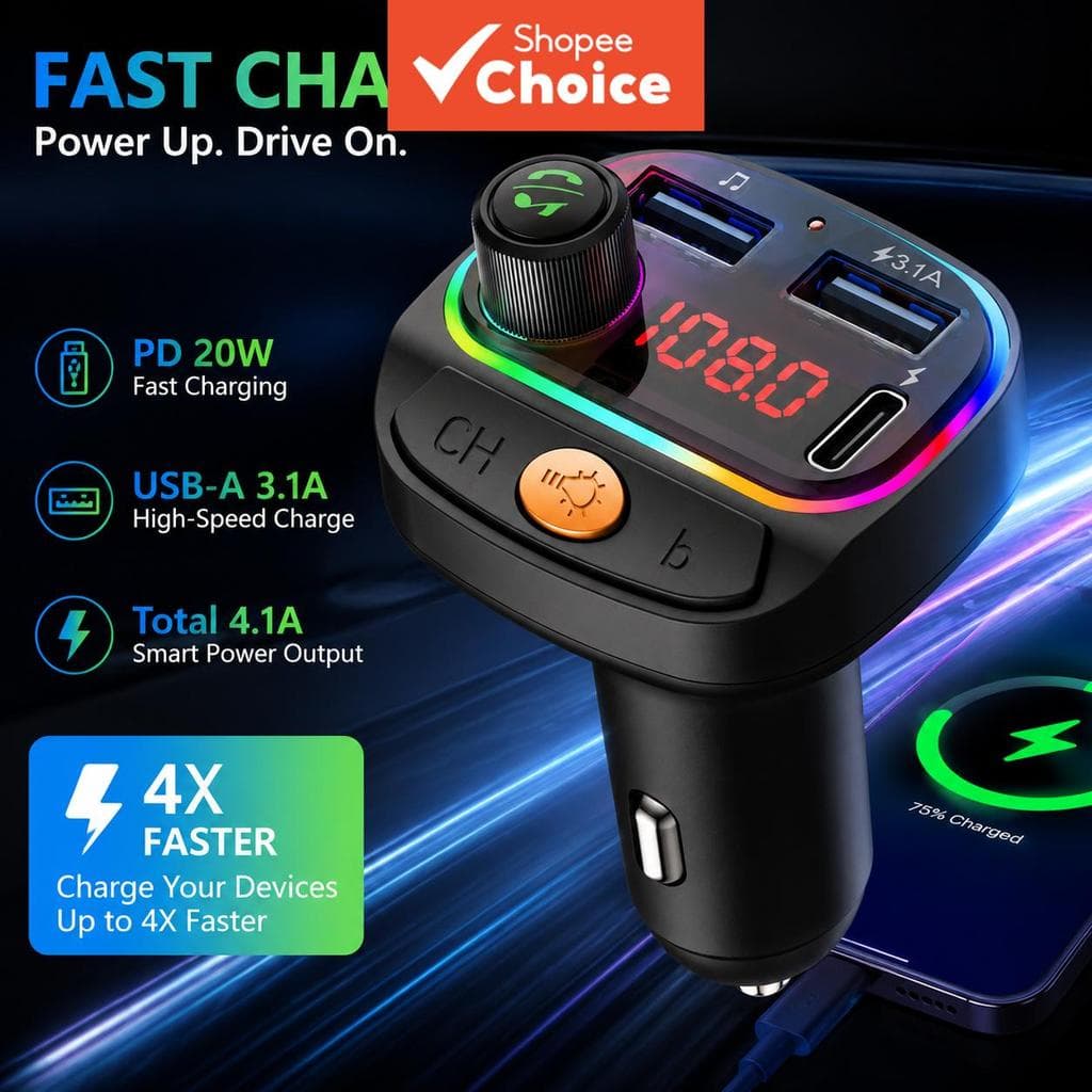BLUETOOTH 5.2 Transmissor Fm Carregador De Carro Com Viva-Voz Aux Mp3 Player 22.5w Pd 30w Carregamento Rápido Para