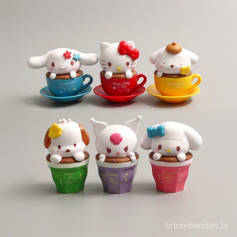 Novo conjunto de 6 figuras em caixa surpresa com design criativo de xícara de latte, modelo decorativo de boneca gato KT
