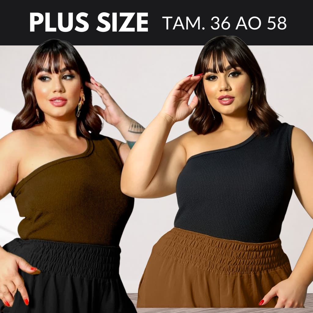 Blusa Feminina Plus Size Estilosa Elegante Preta Assimetrica Regata Ribana Canelada Marrom Dia A Dia Basica