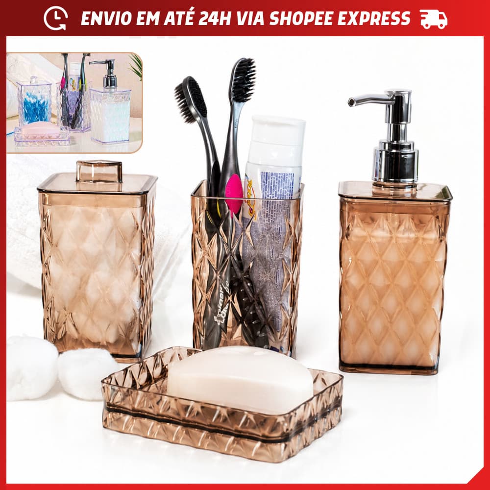 Kit Banheiro Lavabo 4 Peças Porta Escova Sabonete Líquido Algodão Saboneteira Resistente Decorativo