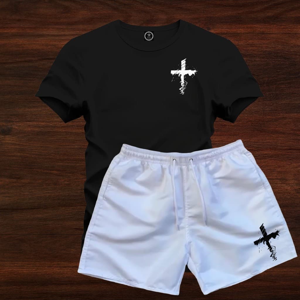 Kit Conjunto Camiseta Cruz Riscada Algodão 11 Cores+Bermuda Tactel Branco