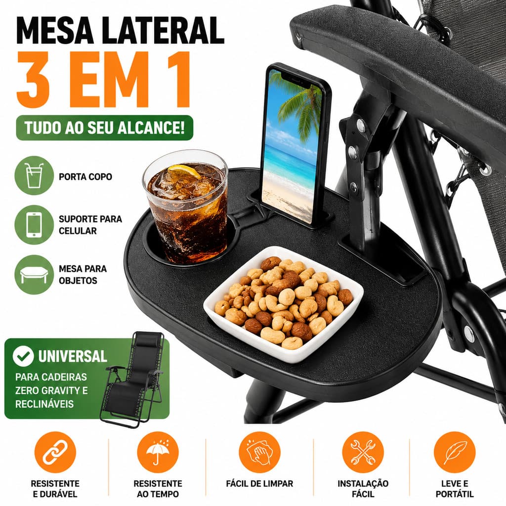 Bandeja para Cadeira Zero Gravity com Porta Copo Suporte Celular Mesa Lateral Universal para Camping Praia Jardim