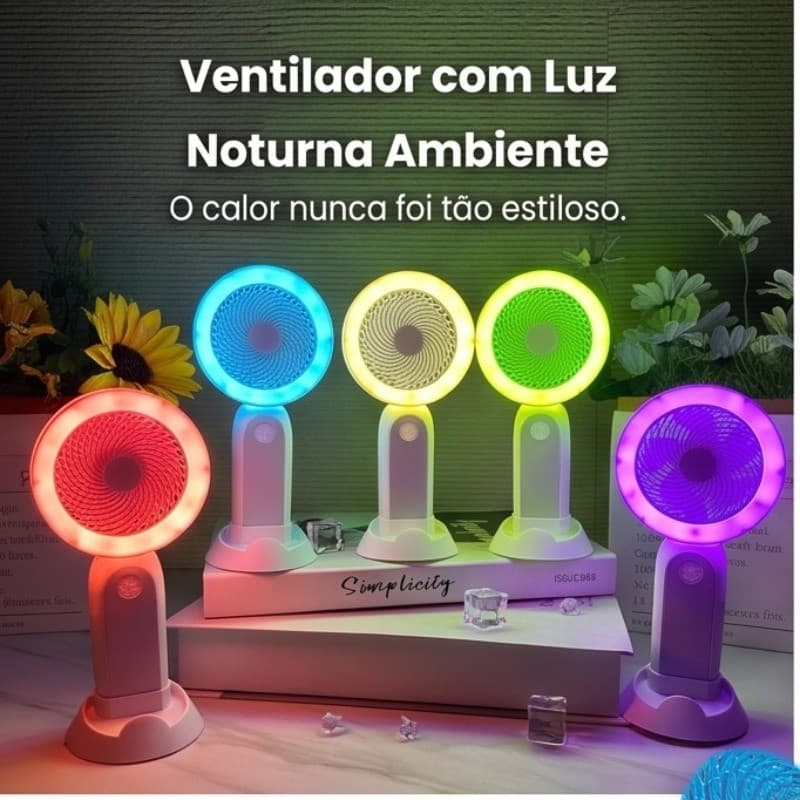 Ventilador Portátil de Mesa com Luz Noturna LED | 5 Cores de Luz Ambiente | 3 Velocidades | Silencioso e Recarregávelvia