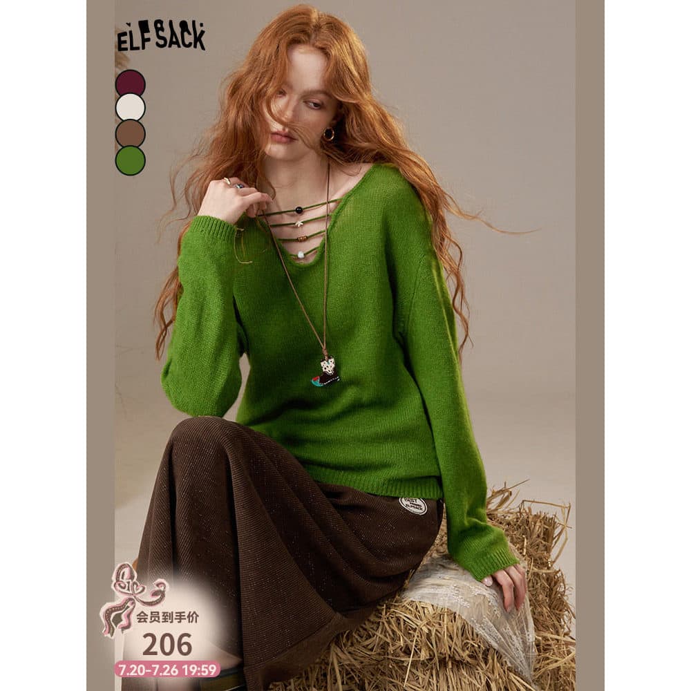 Fada bolso com decote em v estilo preguiçoso camisola de cor sólida feminina 26 outono inverno novo estilo solto mais ma