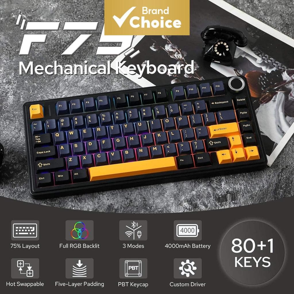 O teclado mecânico AULA F75 possui três métodos de conexão: sem fio 2.4G, Bluetooth e com fio, sendo uma opção de 75%