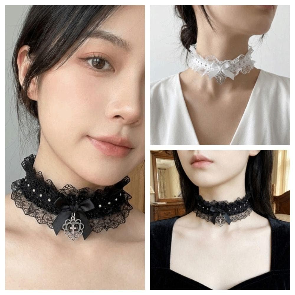 Colar De Renda , Gargantilha Lolita Com Laço De Coração Amor , Joias De Festa , Punk Cosplay