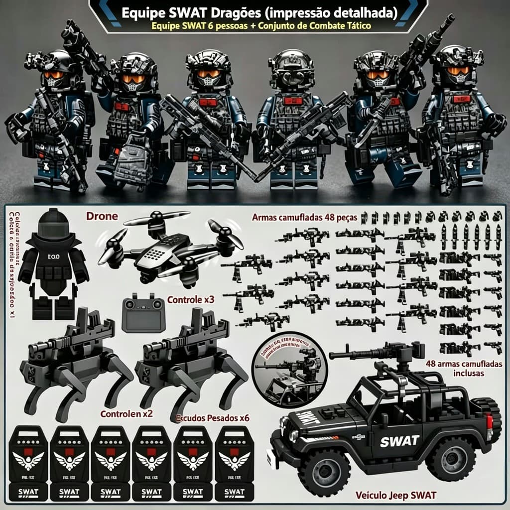 Conjunto de bonecas Lego compatíveis com SWAT Delta Force, 6 bonecas militares + veículo armado + robô tipo lobo + 48 pe