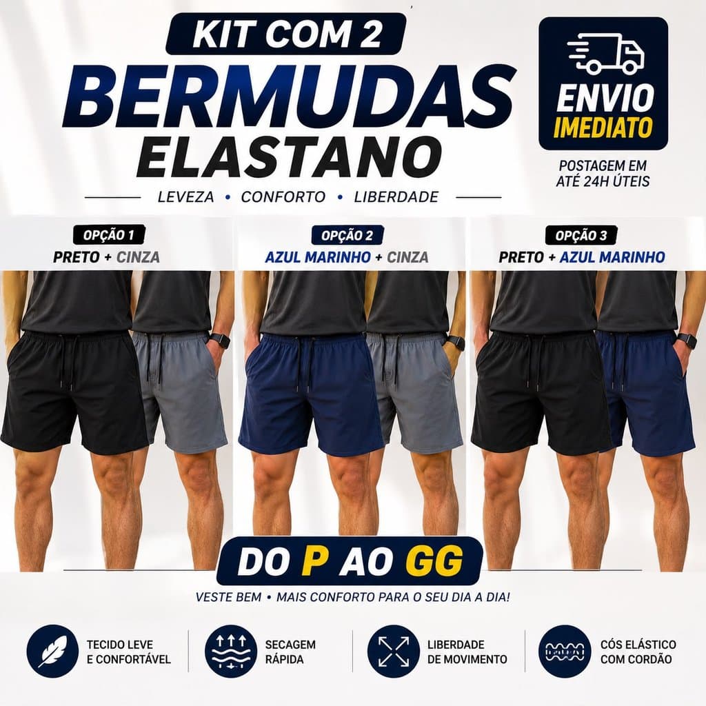 kit 2 Bermudas Masculinas Casual Premium Elástico Cordão  Conforto
