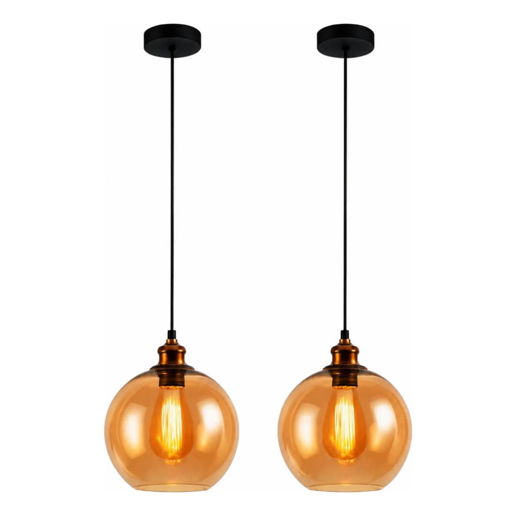 Kit 2 Pendentes Âmbar De Vidro Cúpula Dourado Bivolt