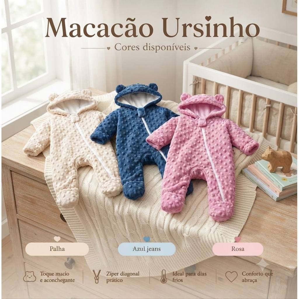 Macacão Bebê Ursinho Plush Peluciado Com Capuz Zíper Inverno Recém-Nascido Menino e Menina
