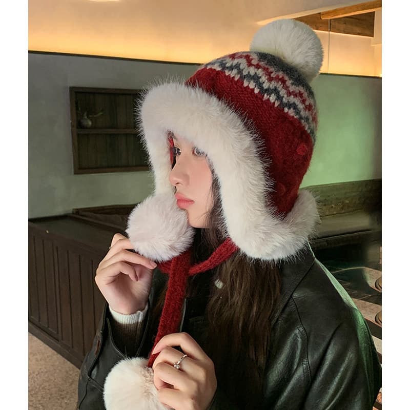 Phil Island Retro Jacquard Chapéu de Malha Feminino Inverno Quente Bonito Chapéu de Proteção de Ouvido de Pelúcia Nordes