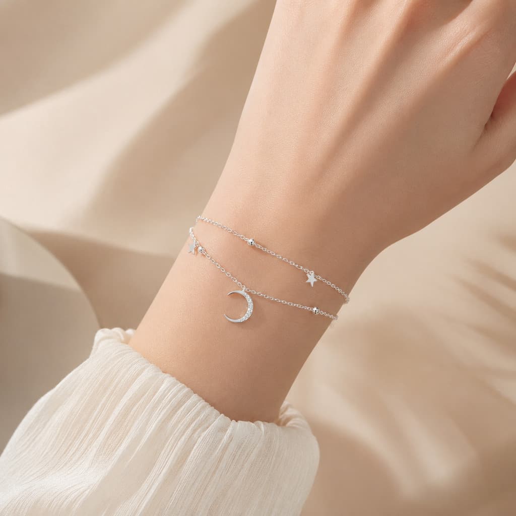 Pulseira Feminina Dupla Prata 925 com Pingente Lua e Estrela Delicada Elegante Joia Romântica