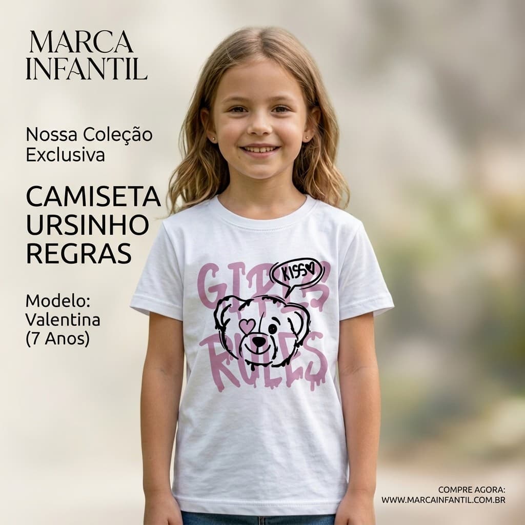 T-Shirt Infantil Ursinho Girls Rule Branca | Blusa Menina 100% Algodão