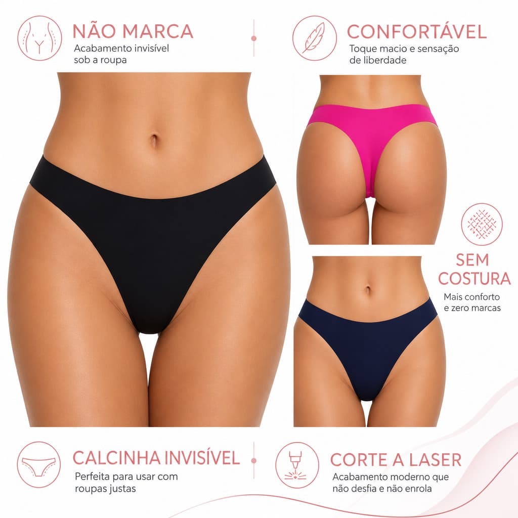 KIT10 Calcinha iMPORTADA  FIO DENTAL 100% Sem Costura Lisa Não Marca na Roupa Corte a Laser InvisÍvel KIT10/5 UNIDADES