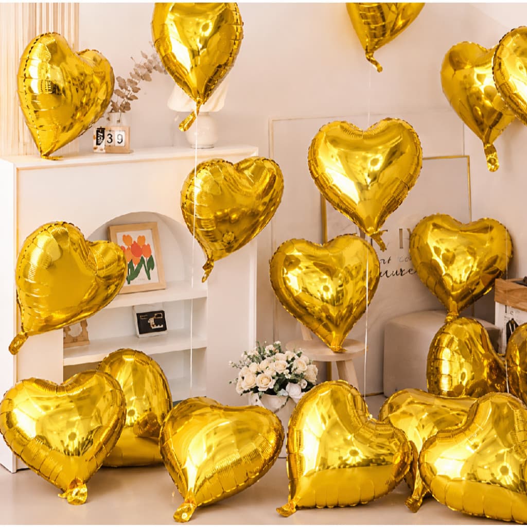 8 Balões Coração Dourado Metalizado 18 Polegadas 45cm Flutua com Gás Hélio