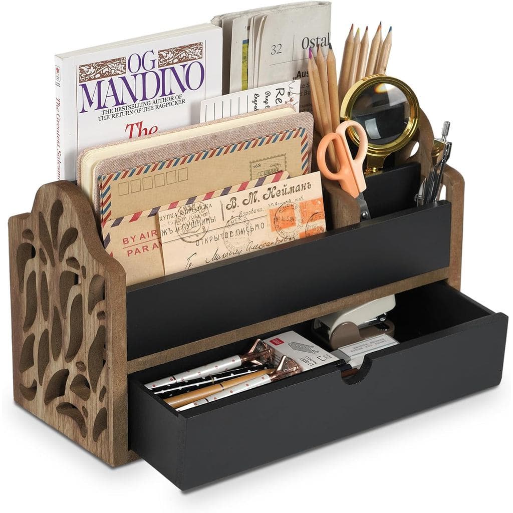Organizador de Mesa com Gaveta de Madeira para Escritório, Organizador de Correspondência para Bancada - Organizador de