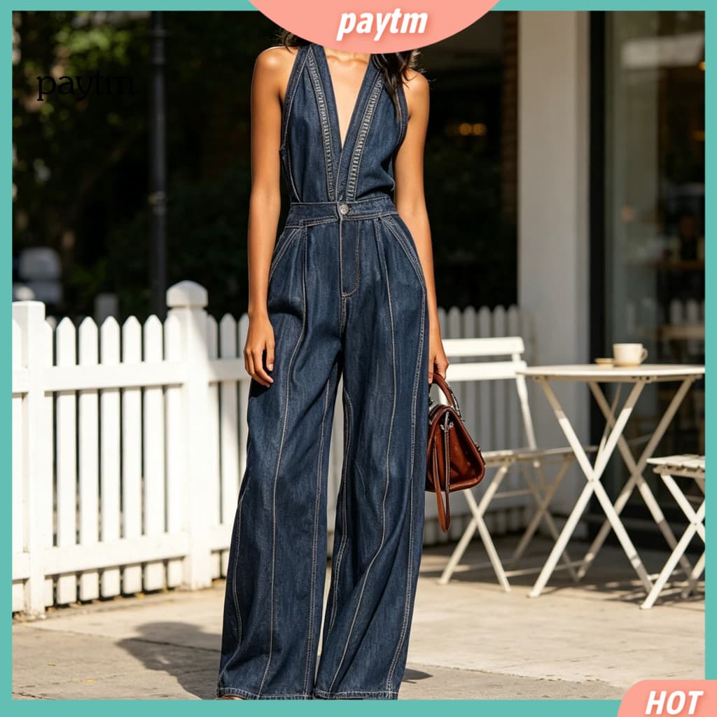 Women Jumpsuit Sleeveless Women’s Denim Halter V Neck Wide Leg Romper High Waist One-piece with Pockets Perfect for Su