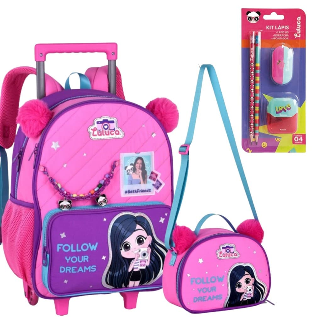 Super Kit Luluquinha Mochila Carrinho com Lancheira Térmica e Material Escolar Clio Style e Sky paper