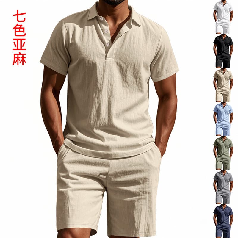 Europeu americano verão masculino solto na moda respirável linho Casual lapela camisa POLO manga curta Shorts terno