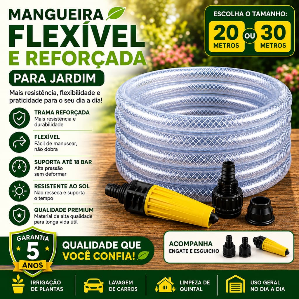 Mangueira de Jardim PVC Reforçada 20m 30m 50m Resistente para Lavagem Irrigação