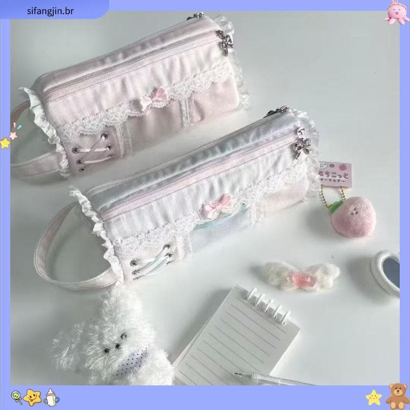 Antigo doce laço lápis caso doce menina cheio de coração material escolar portátil estudante papelaria saco de armazenam