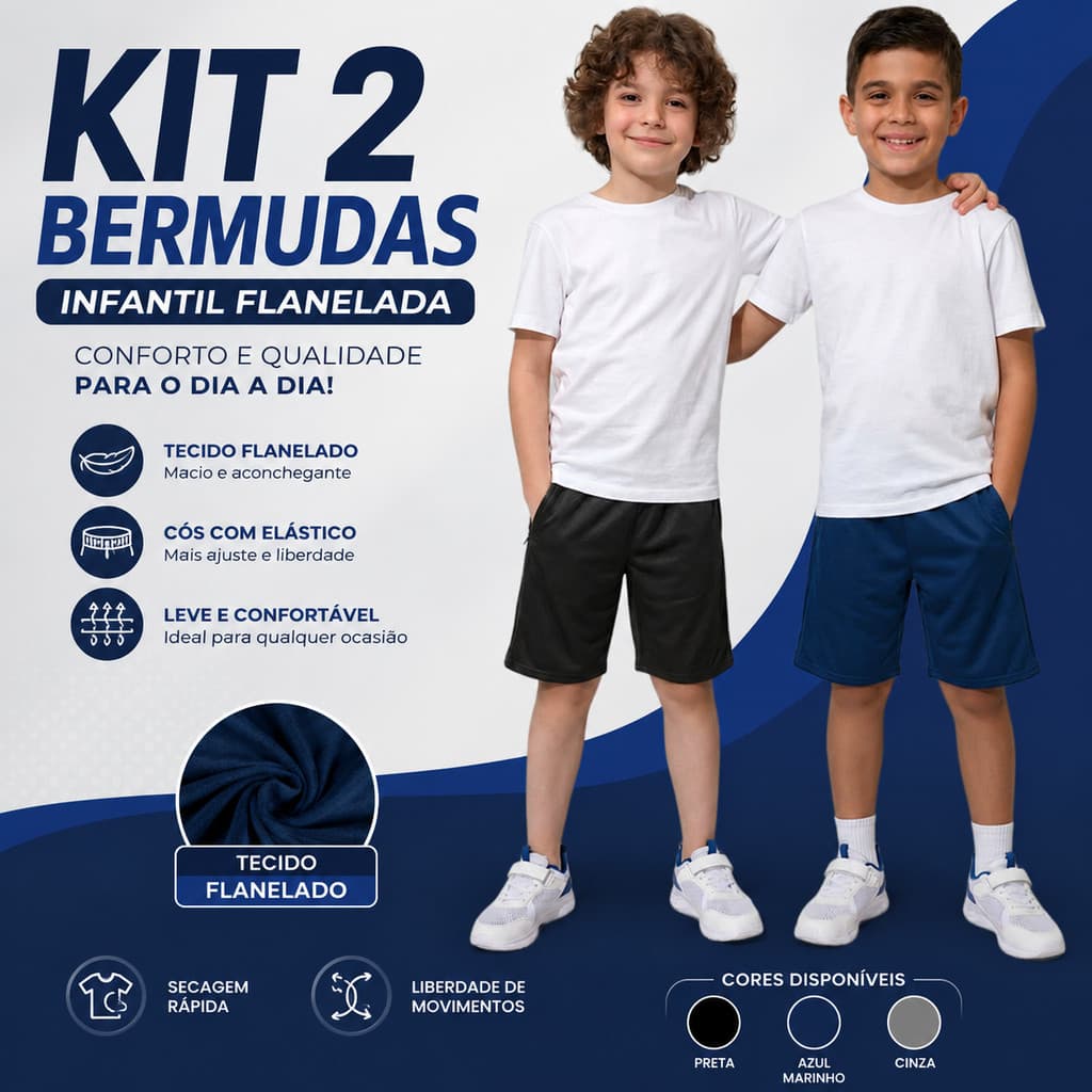 Kit 2 Bermudas Infantil Juvenil Flanelado Chimpa Escola Lazer e Dia a Dia Melhor Preço