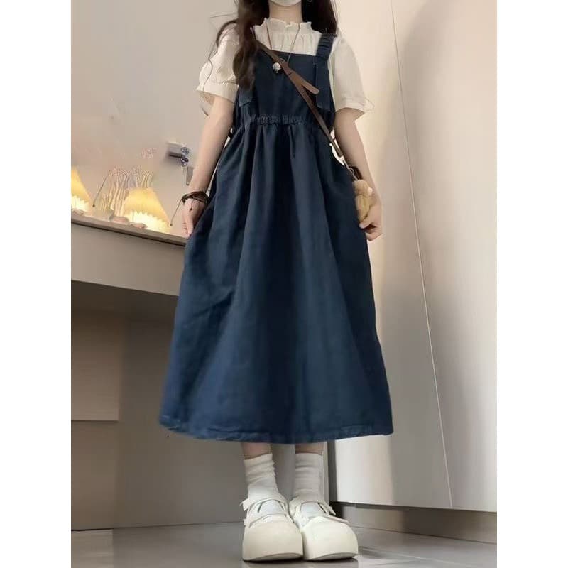 Pai-filho meninas tencel denim cinta vestido terno verão grandes crianças de manga curta estilo Preppy estudantes do ens