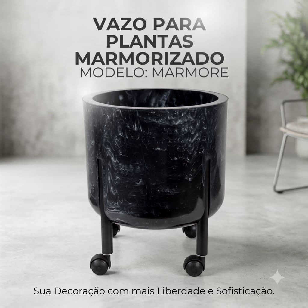 Cachepô Móvel Marmorizado Orbiter M-1 com Rodízios para Plantas Decorativo Moderno Preto Elegante