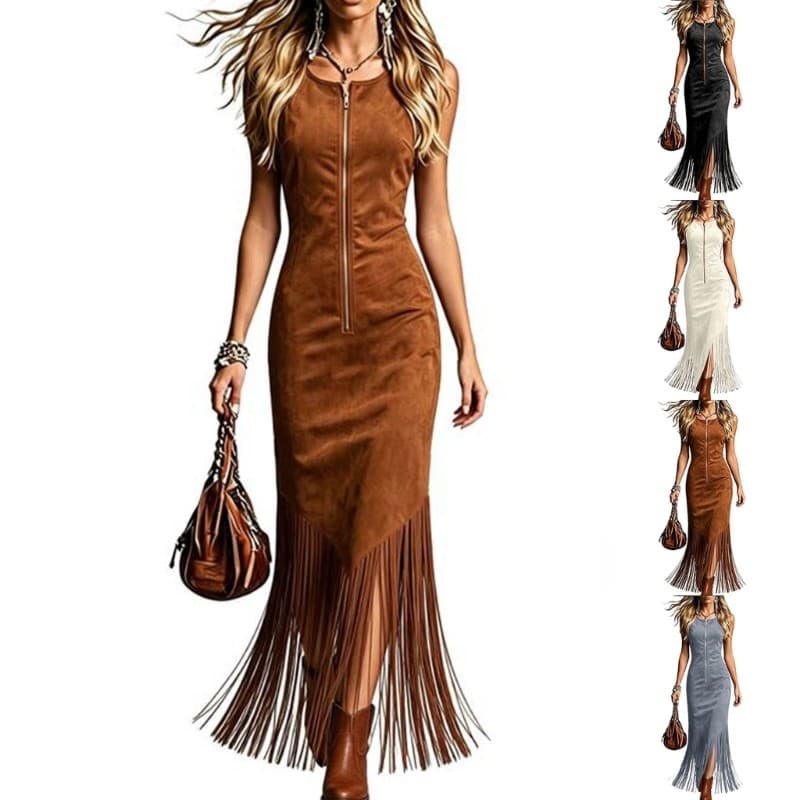 Treeling Vestido Feminino Vintage Falso Com Zíper Frontal Sem Mangas Retrô Franja Ocidental