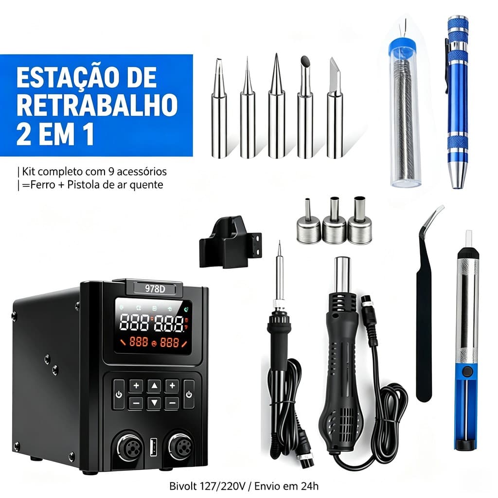 Estação de Soldagem 2 em 1 Modelo 978D Display Duplo Digital USB Saída 5V Anti-Estática Kit 9 Acessórios Reparo PCB