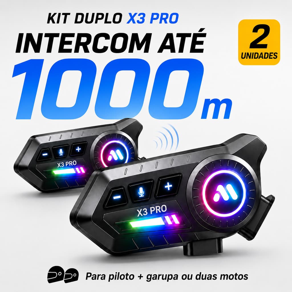 Kit 2 Intercomunicadores X3 PRO Bluetooth 6.0 para Capacete de Moto 1000m IP67 RGB USB-C